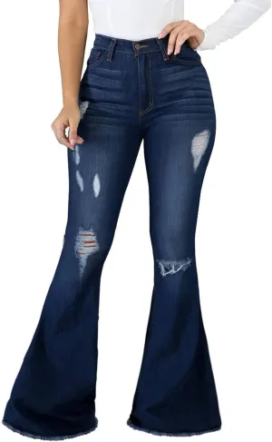 Bell Bottom Jeans for Women High Waisted Stretch Ripped Skinny Hole Classic Raw Hem Denim Flare Pants