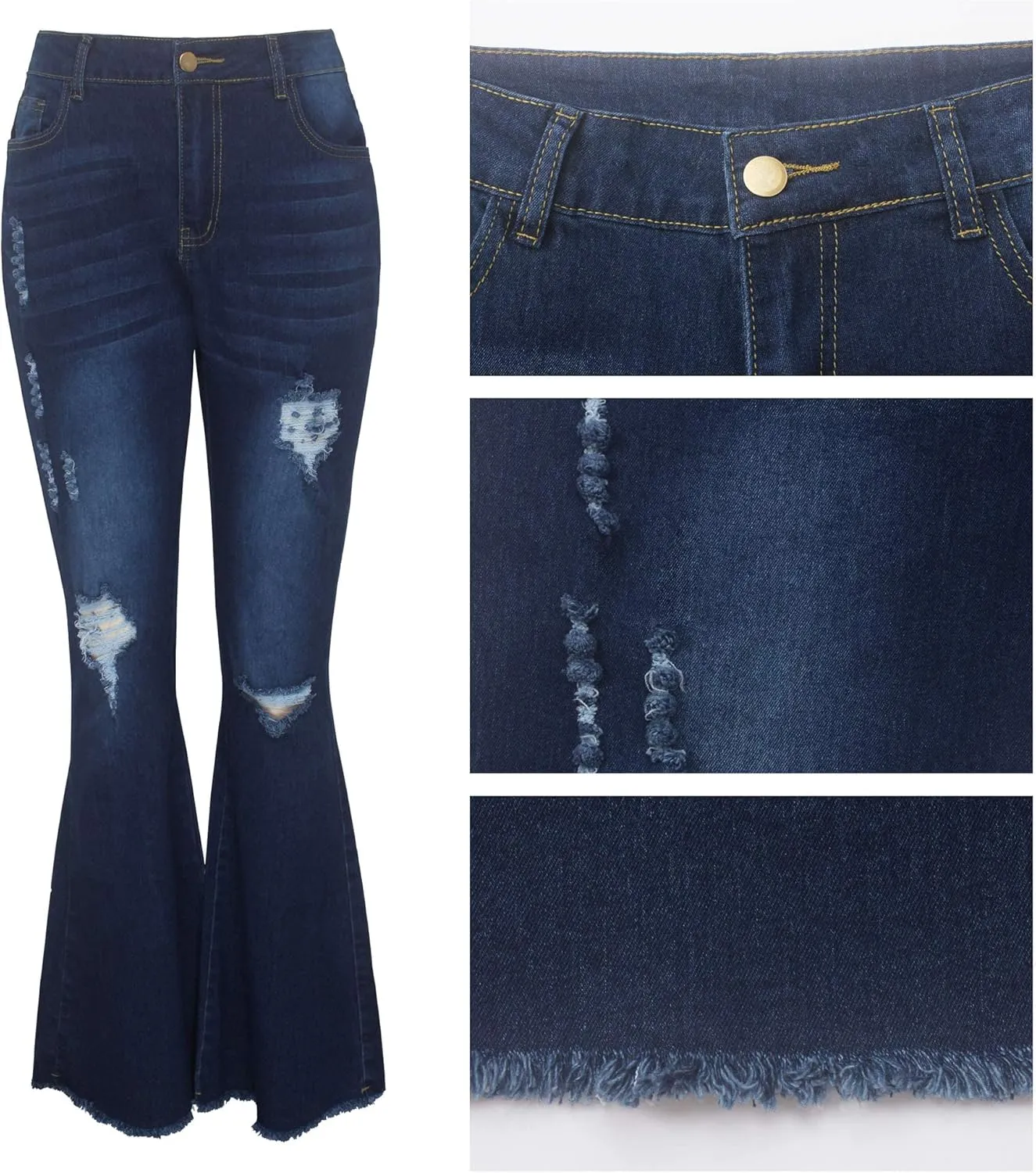 Bell Bottom Jeans for Women High Waisted Stretch Ripped Skinny Hole Classic Raw Hem Denim Flare Pants