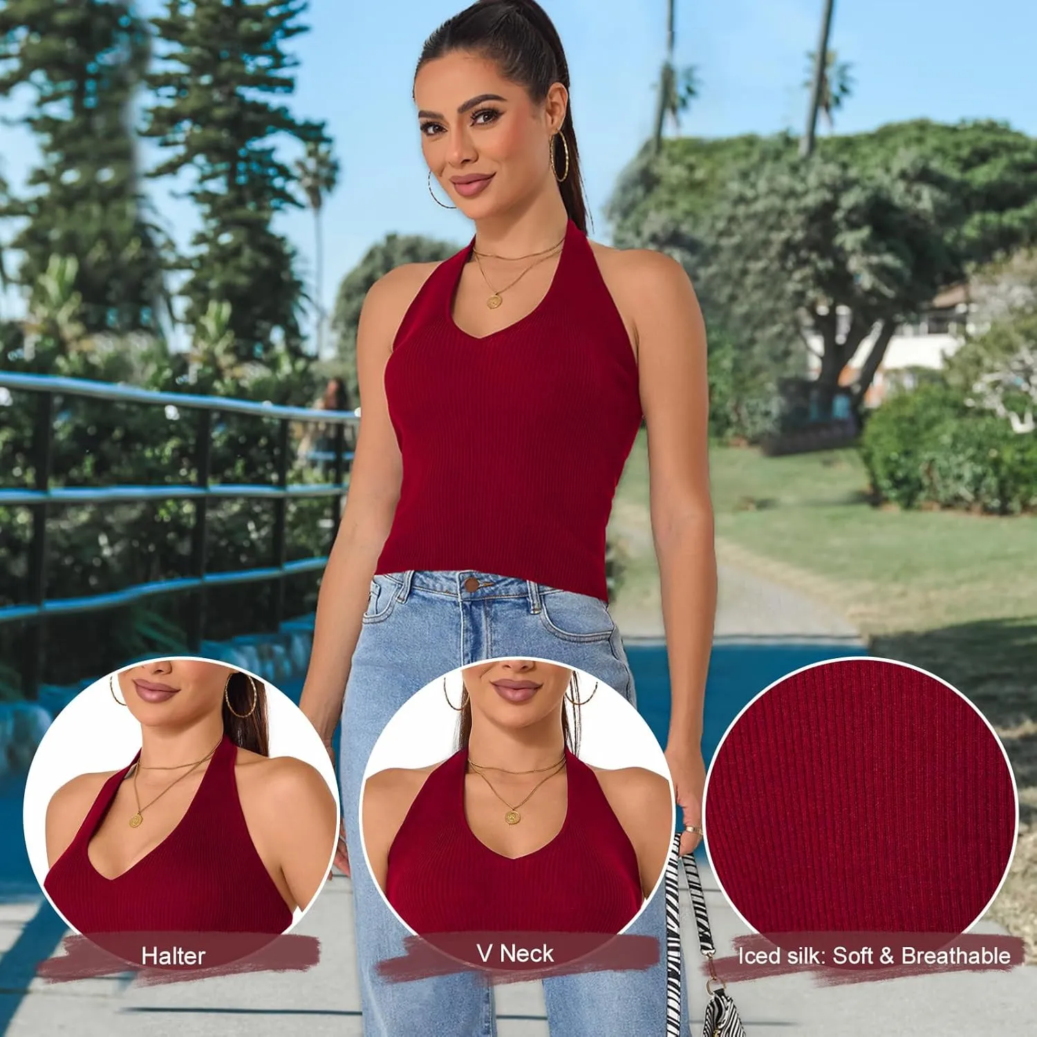 Betu Women Halter Tank Top Ribbed Knit Sleeveless Fitted Crop Camisole Basic Cami Shirts