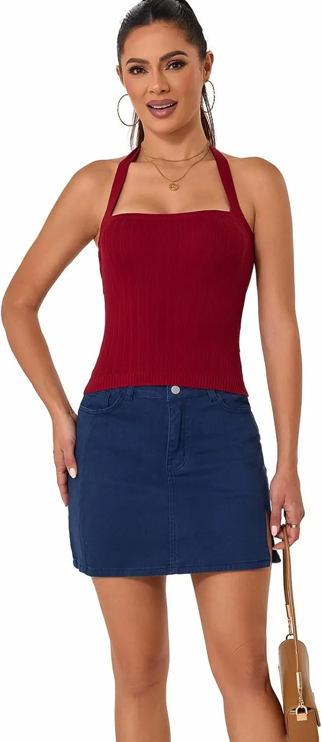 Betu Women Halter Tank Top Ribbed Knit Sleeveless Fitted Crop Camisole Basic Cami Shirts