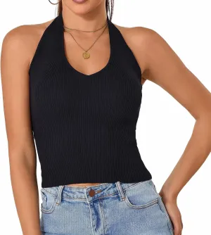 Betu Women Halter Tank Top Ribbed Knit Sleeveless Fitted Crop Camisole Basic Cami Shirts
