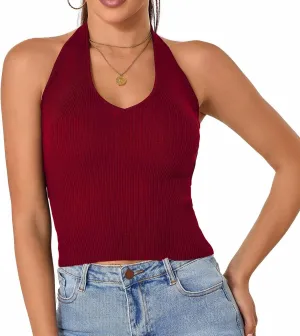 Betu Women Halter Tank Top Ribbed Knit Sleeveless Fitted Crop Camisole Basic Cami Shirts