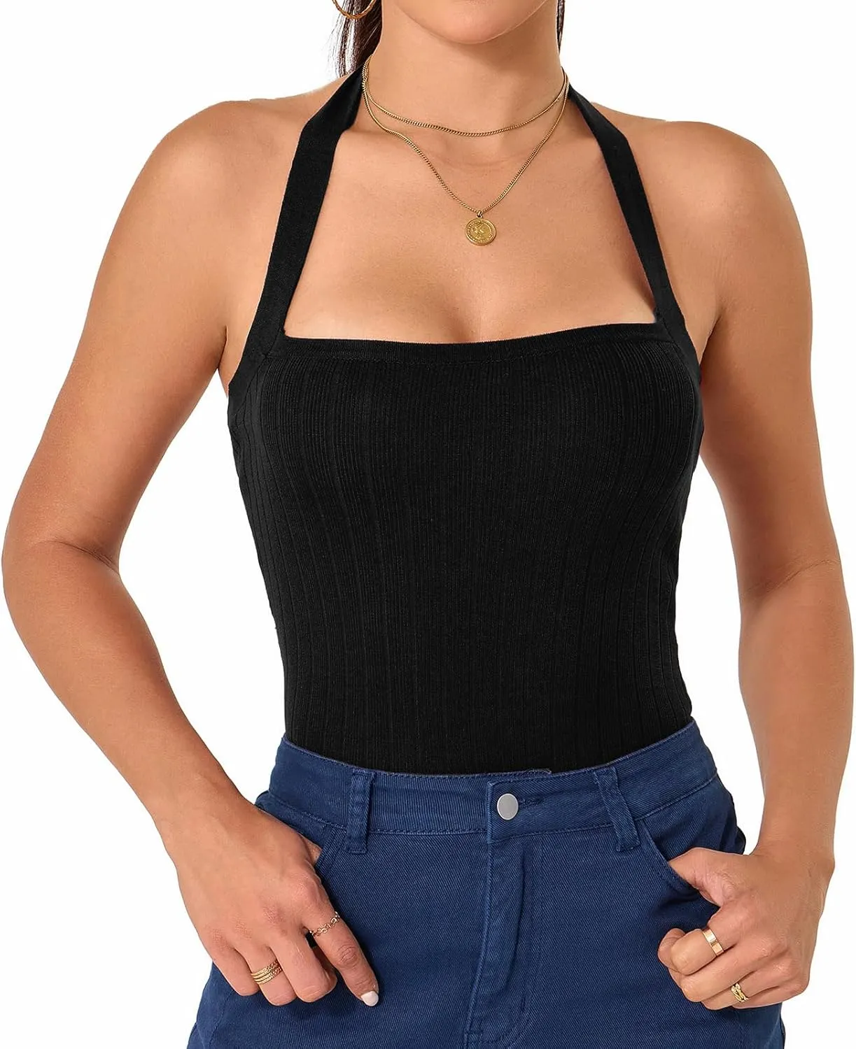 Betu Women Halter Tank Top Ribbed Knit Sleeveless Fitted Crop Camisole Basic Cami Shirts