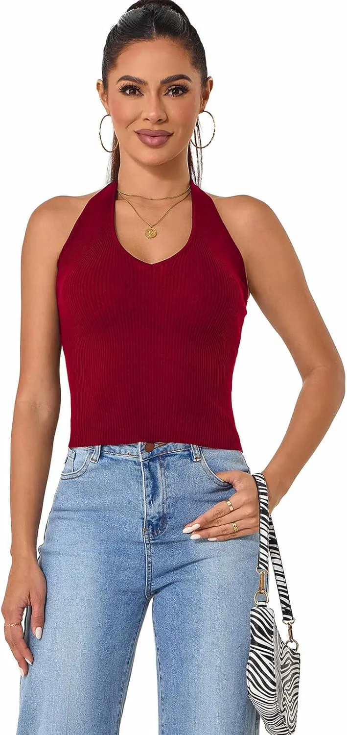 Betu Women Halter Tank Top Ribbed Knit Sleeveless Fitted Crop Camisole Basic Cami Shirts