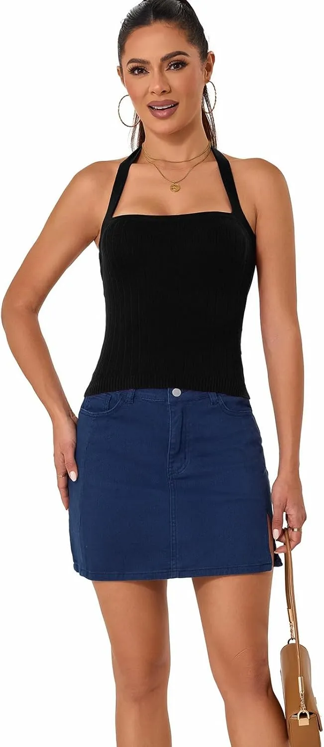 Betu Women Halter Tank Top Ribbed Knit Sleeveless Fitted Crop Camisole Basic Cami Shirts