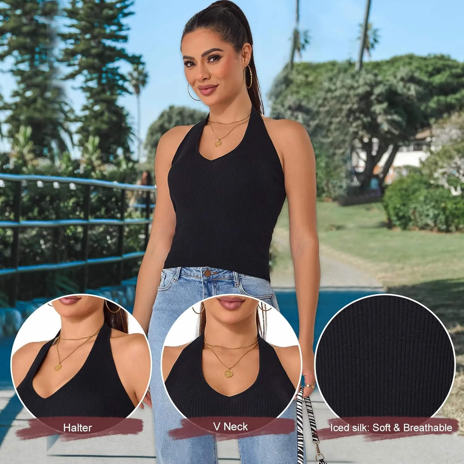 Betu Women Halter Tank Top Ribbed Knit Sleeveless Fitted Crop Camisole Basic Cami Shirts