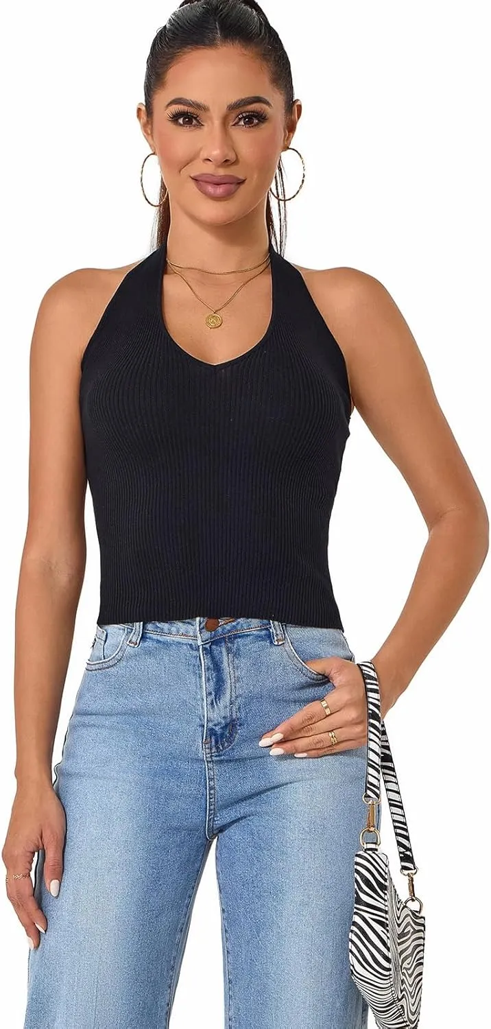 Betu Women Halter Tank Top Ribbed Knit Sleeveless Fitted Crop Camisole Basic Cami Shirts