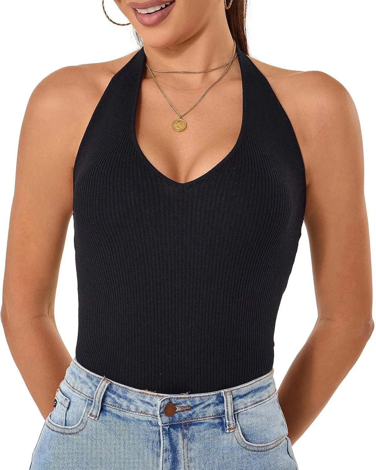 Betu Women Halter Tank Top Ribbed Knit Sleeveless Fitted Crop Camisole Basic Cami Shirts