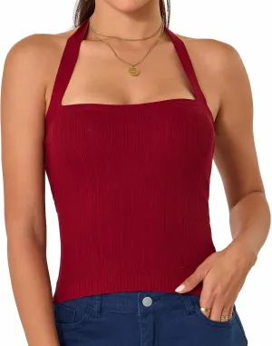 Betu Women Halter Tank Top Ribbed Knit Sleeveless Fitted Crop Camisole Basic Cami Shirts