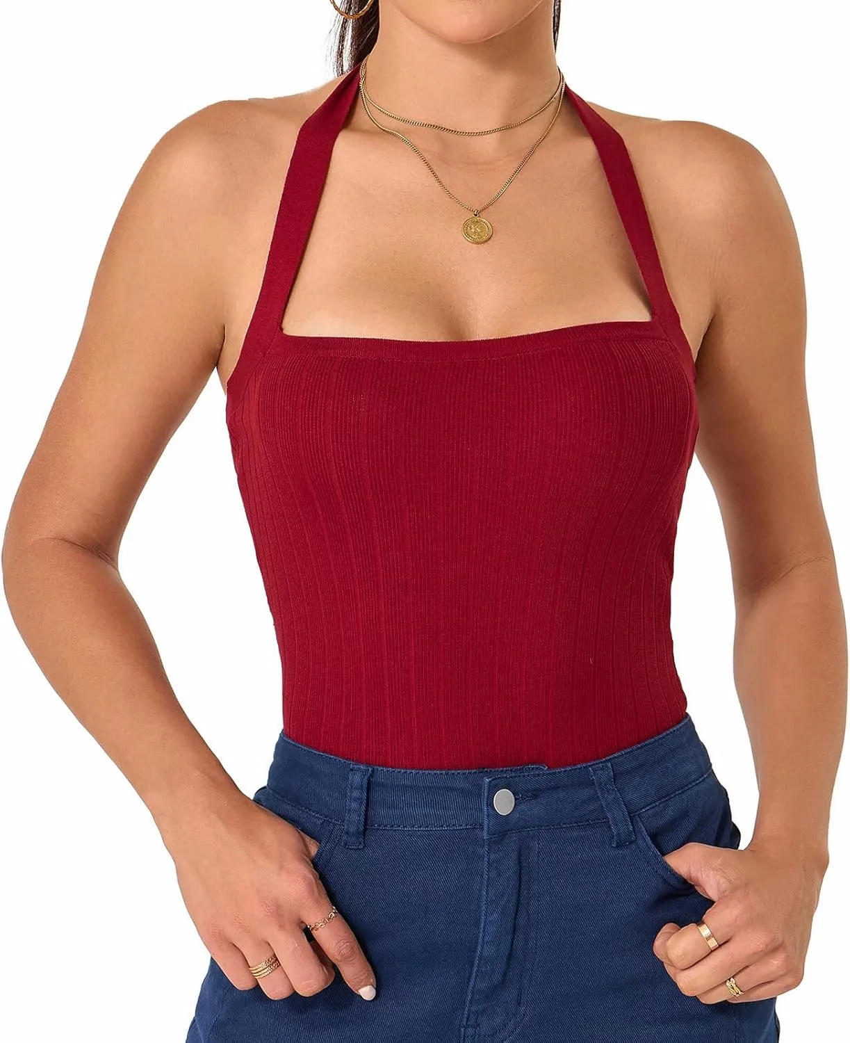 Betu Women Halter Tank Top Ribbed Knit Sleeveless Fitted Crop Camisole Basic Cami Shirts