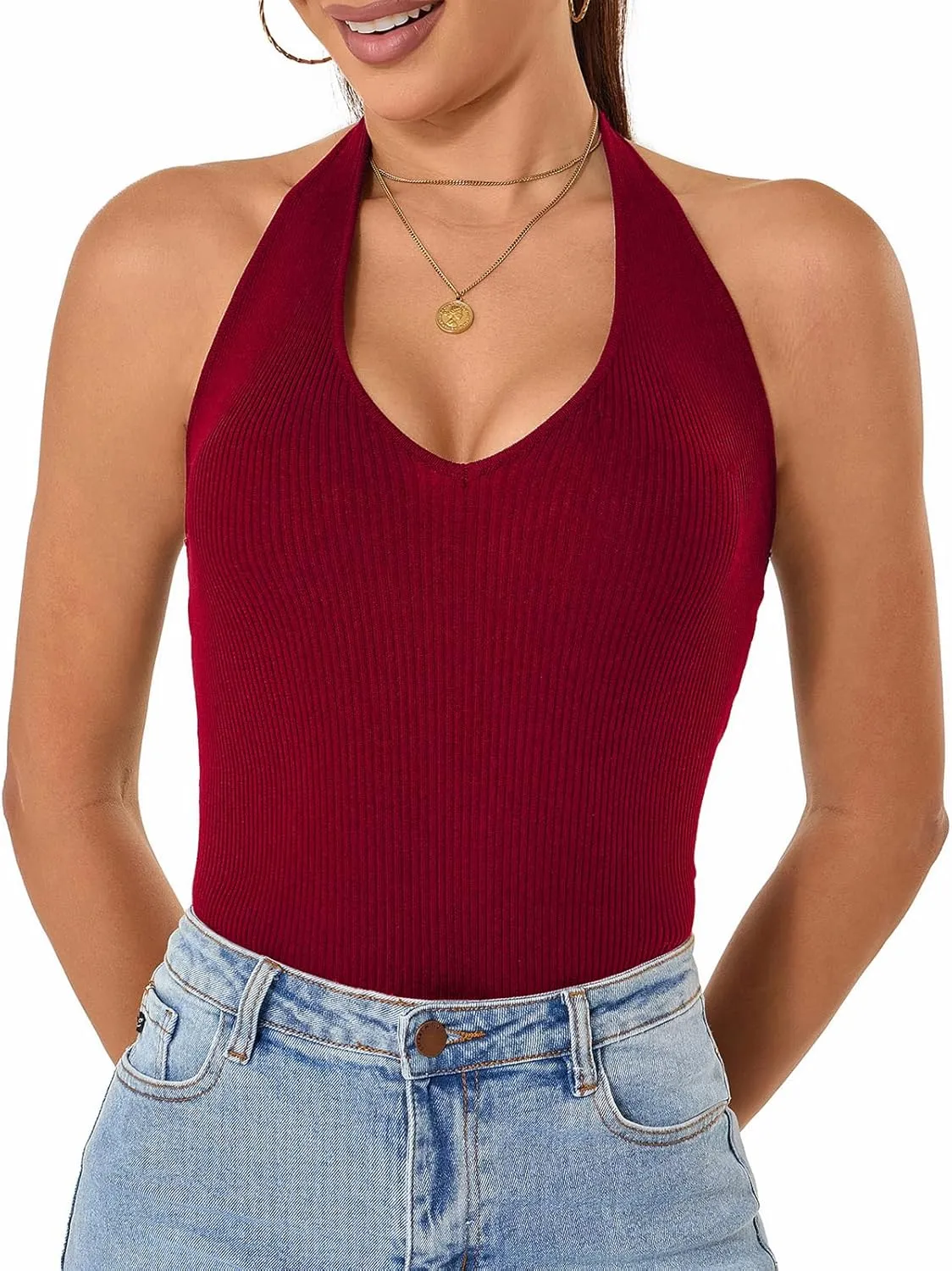 Betu Women Halter Tank Top Ribbed Knit Sleeveless Fitted Crop Camisole Basic Cami Shirts
