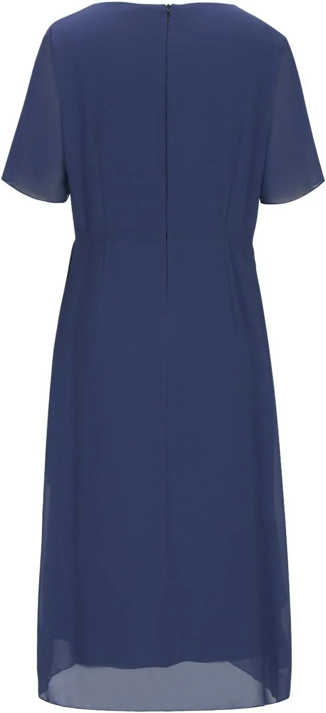 Bridesmaid Evening Dress Womens Elegant Chiffon Mesh Patchwork Short Sleeve Waist Irregular Hem Cocktail Party Gown