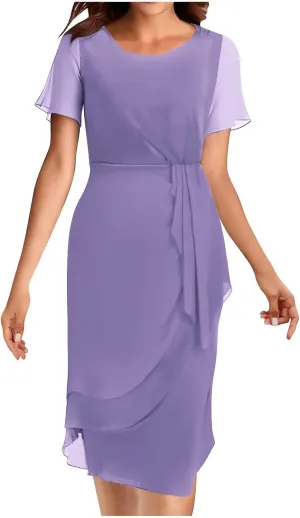 Bridesmaid Evening Dress Womens Elegant Chiffon Mesh Patchwork Short Sleeve Waist Irregular Hem Cocktail Party Gown