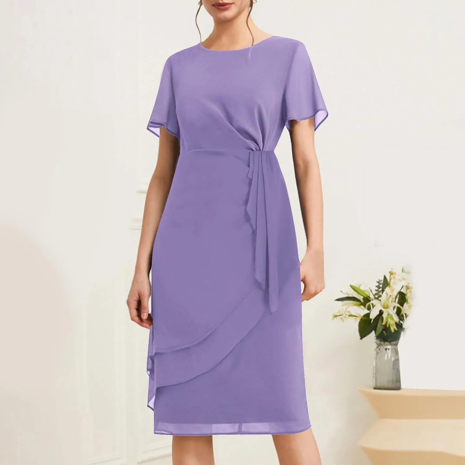 Bridesmaid Evening Dress Womens Elegant Chiffon Mesh Patchwork Short Sleeve Waist Irregular Hem Cocktail Party Gown