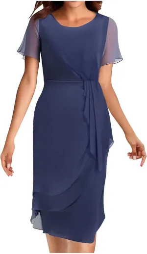 Bridesmaid Evening Dress Womens Elegant Chiffon Mesh Patchwork Short Sleeve Waist Irregular Hem Cocktail Party Gown
