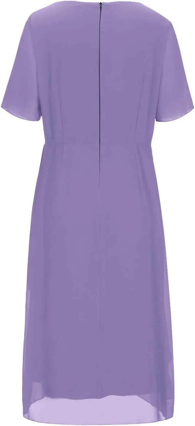 Bridesmaid Evening Dress Womens Elegant Chiffon Mesh Patchwork Short Sleeve Waist Irregular Hem Cocktail Party Gown