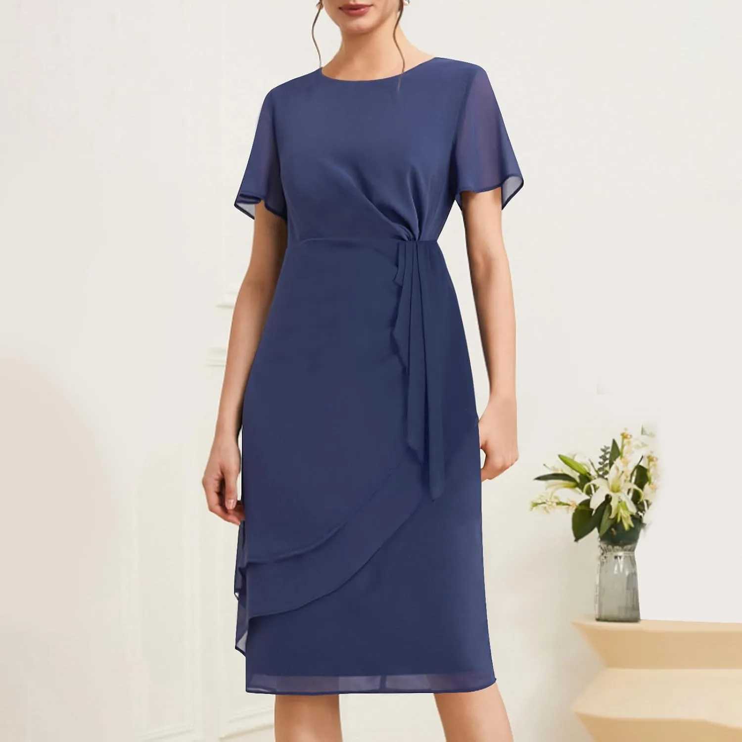 Bridesmaid Evening Dress Womens Elegant Chiffon Mesh Patchwork Short Sleeve Waist Irregular Hem Cocktail Party Gown