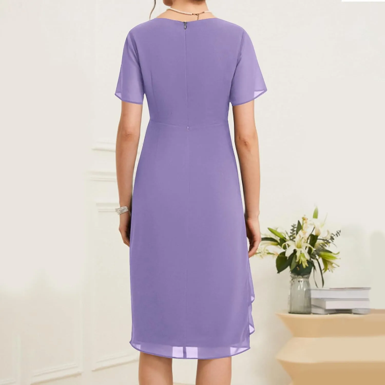Bridesmaid Evening Dress Womens Elegant Chiffon Mesh Patchwork Short Sleeve Waist Irregular Hem Cocktail Party Gown
