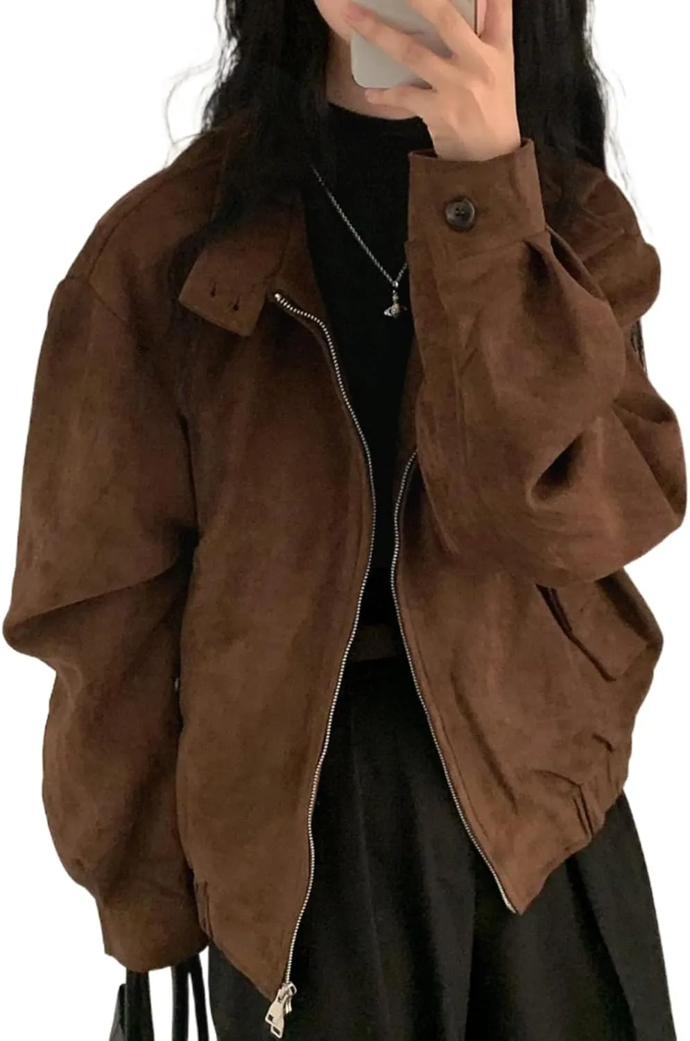 Brown Suede Jacket Women Y2k Oversized Blazer Faux Leather Bomber Jacket Outwear Fall Fashion 2024 Streetwear