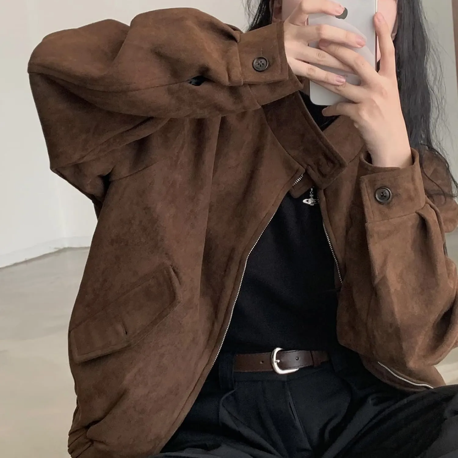 Brown Suede Jacket Women Y2k Oversized Blazer Faux Leather Bomber Jacket Outwear Fall Fashion 2024 Streetwear