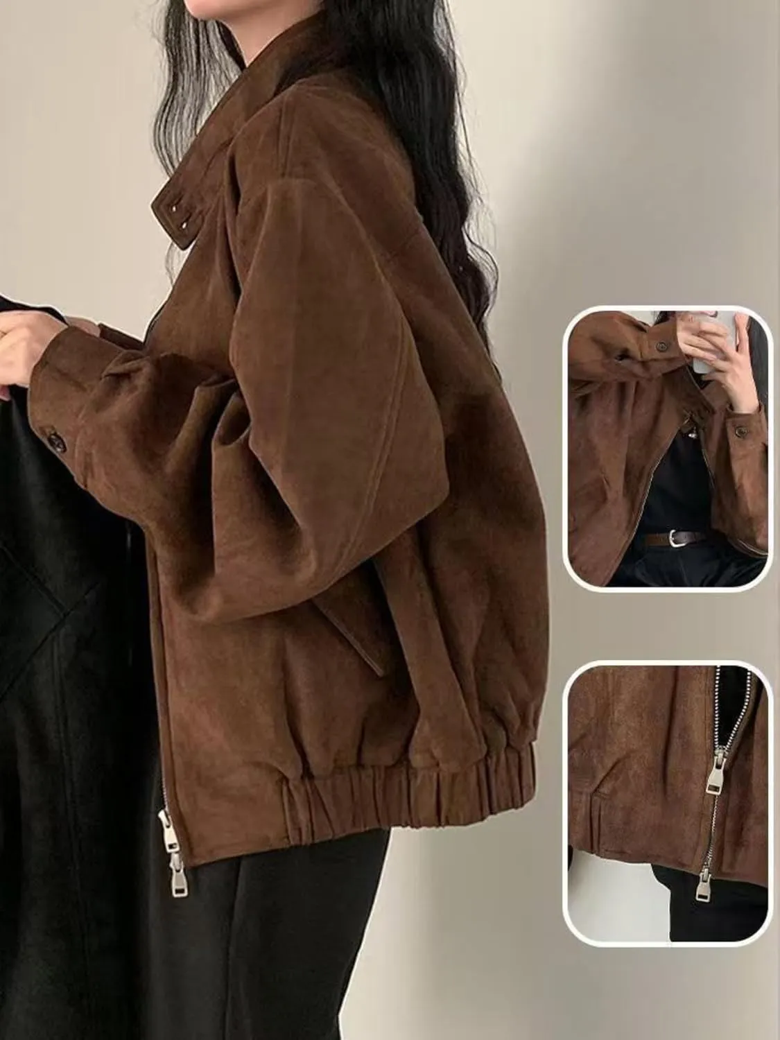 Brown Suede Jacket Women Y2k Oversized Blazer Faux Leather Bomber Jacket Outwear Fall Fashion 2024 Streetwear