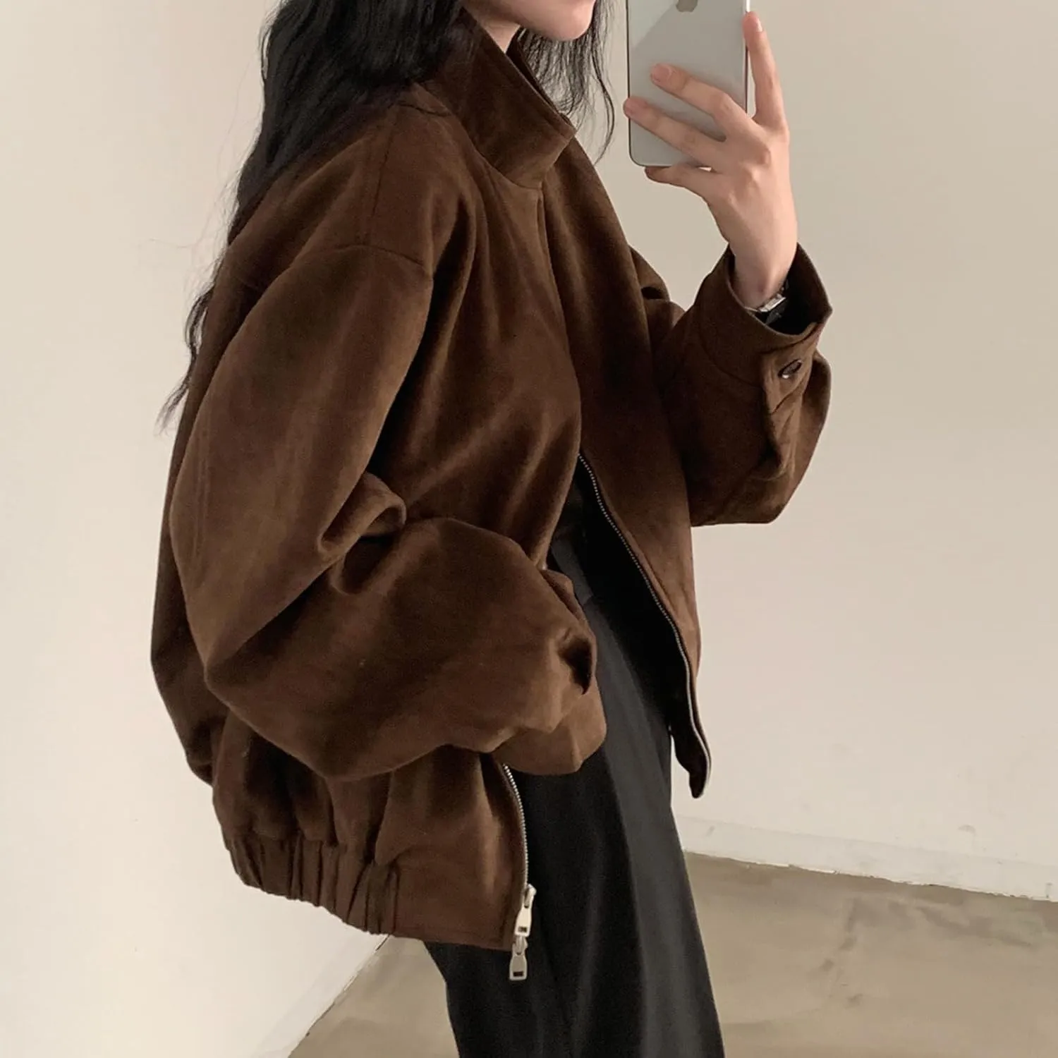 Brown Suede Jacket Women Y2k Oversized Blazer Faux Leather Bomber Jacket Outwear Fall Fashion 2024 Streetwear