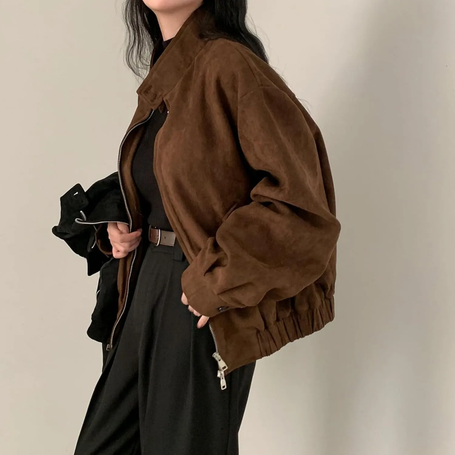 Brown Suede Jacket Women Y2k Oversized Blazer Faux Leather Bomber Jacket Outwear Fall Fashion 2024 Streetwear