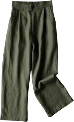 Business Casual Pants for Women Casual High Waist Wide Leg Straight Dressy Cotton Linen Pants Button Trousers