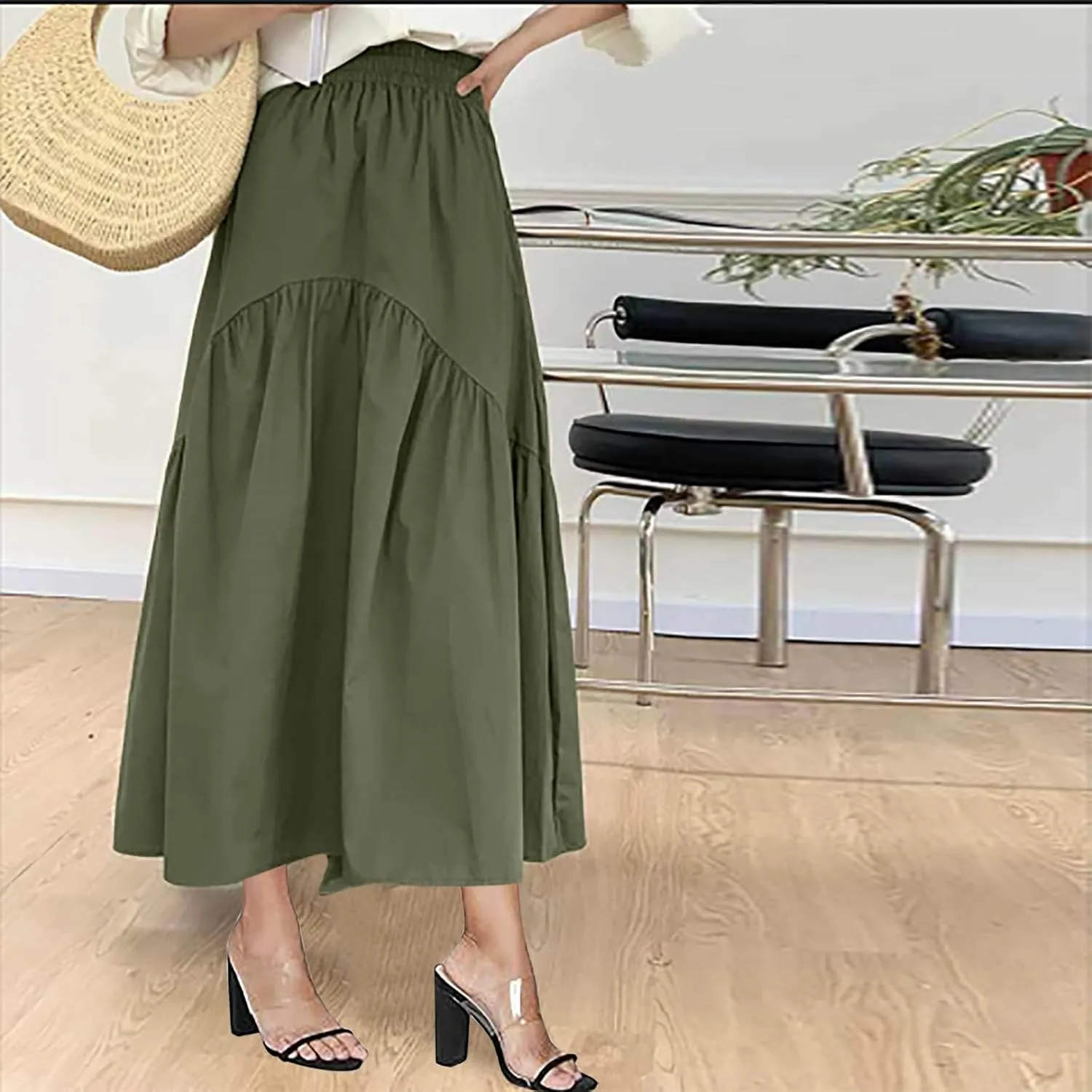 Casual Skirts for Women Pleated Midi Skirts High Waist Commuting Skirts All-Match Comfy Skirt Fall Loose Skirt