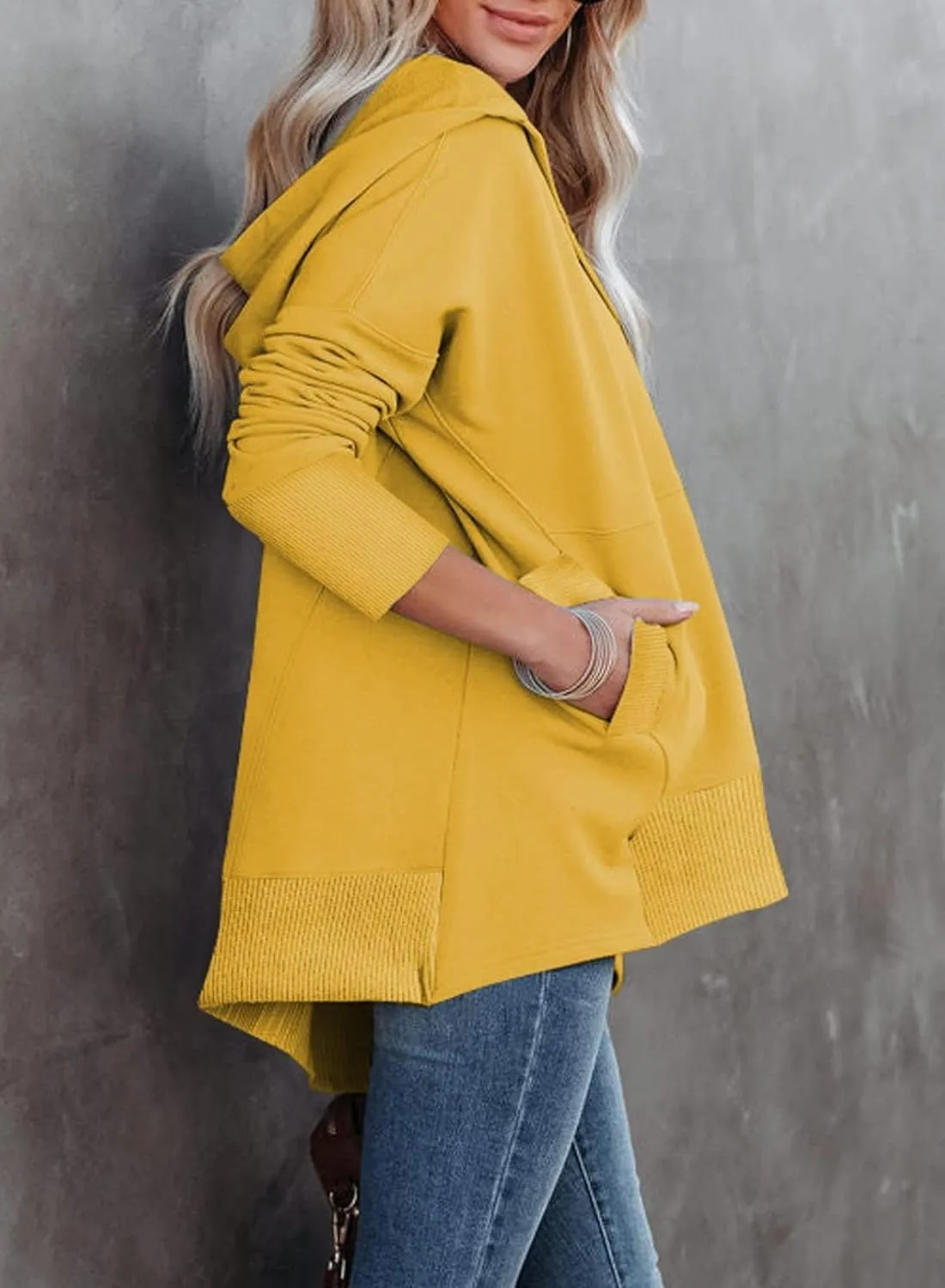 Chatinction Womens Button Tunic Hoodies Oversize V Neck Long Sleeve Pullover Sweatshirts Hooded Tops with Pockets