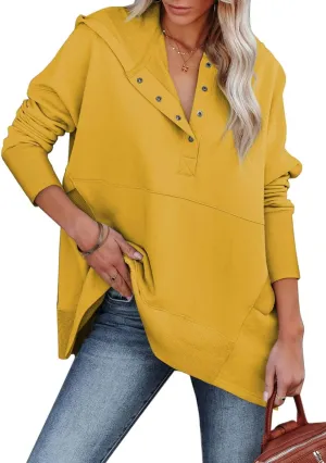 Chatinction Womens Button Tunic Hoodies Oversize V Neck Long Sleeve Pullover Sweatshirts Hooded Tops with Pockets