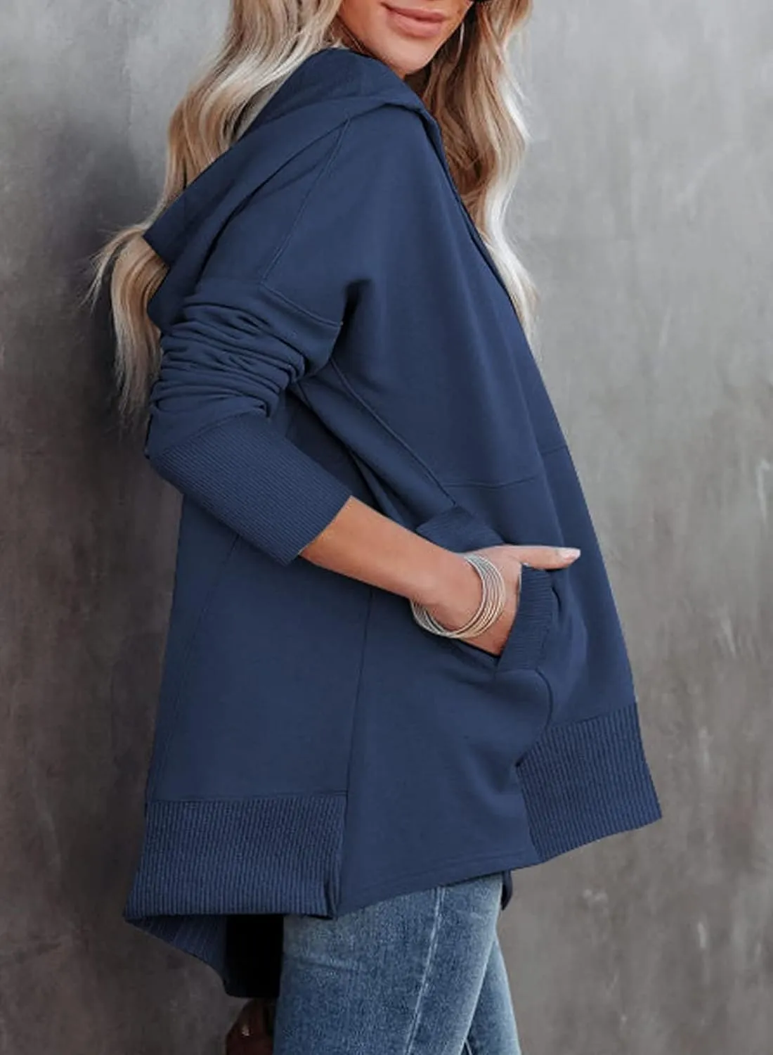 Chatinction Womens Button Tunic Hoodies Oversize V Neck Long Sleeve Pullover Sweatshirts Hooded Tops with Pockets