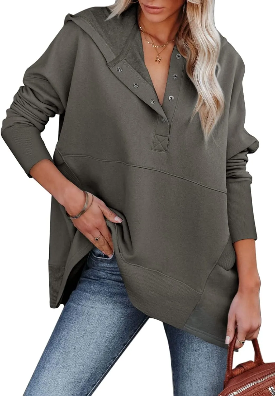 Chatinction Womens Button Tunic Hoodies Oversize V Neck Long Sleeve Pullover Sweatshirts Hooded Tops with Pockets