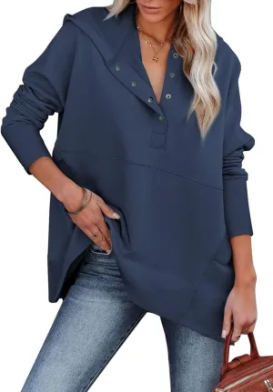 Chatinction Womens Button Tunic Hoodies Oversize V Neck Long Sleeve Pullover Sweatshirts Hooded Tops with Pockets