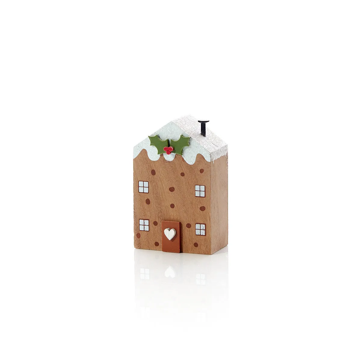 Christmas Pudding Wooden House Block With Holly