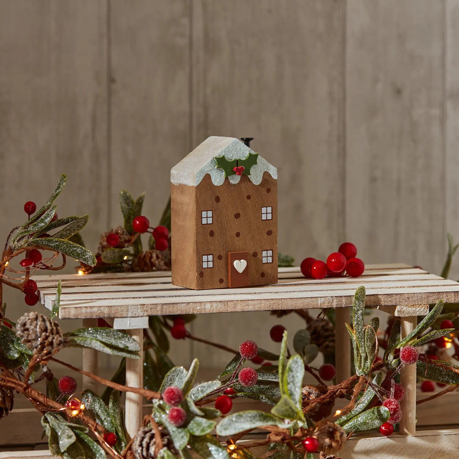 Christmas Pudding Wooden House Block With Holly