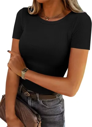 Chulianyouhuo Women's Crew Neck Ribbed Fitted T Shirt Short Sleeve Slim Casual Basic Summer Tops Tees