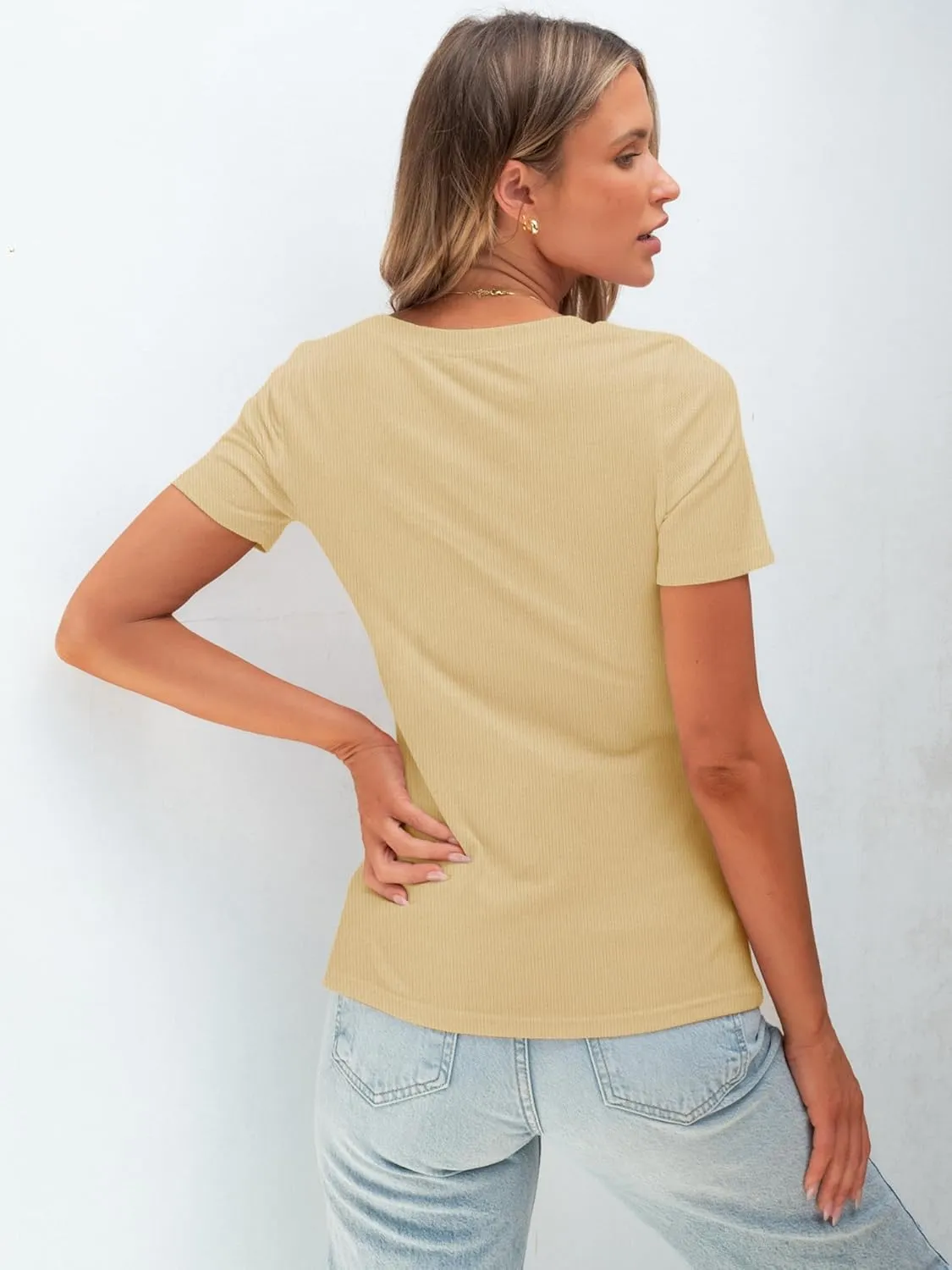 Chulianyouhuo Women's Crew Neck Ribbed Fitted T Shirt Short Sleeve Slim Casual Basic Summer Tops Tees