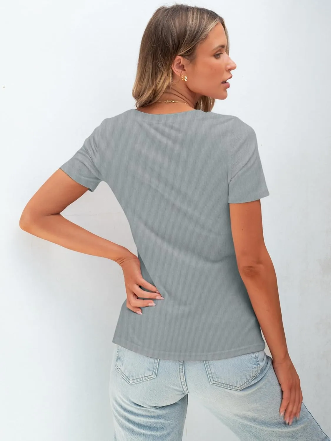 Chulianyouhuo Women's Crew Neck Ribbed Fitted T Shirt Short Sleeve Slim Casual Basic Summer Tops Tees