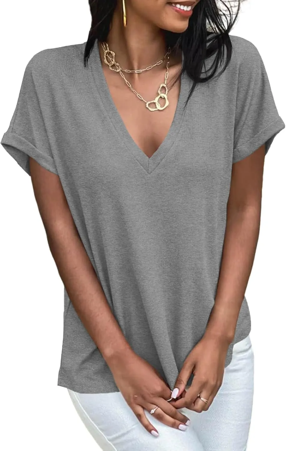 Cicy Bell Womens Summer Oversized T-Shirts V Neck Rolled Short Sleeve Casual Tops Loose Fit Tunic Tees