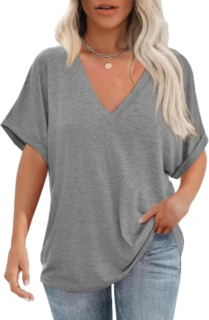 Cicy Bell Womens Summer Oversized T-Shirts V Neck Rolled Short Sleeve Casual Tops Loose Fit Tunic Tees