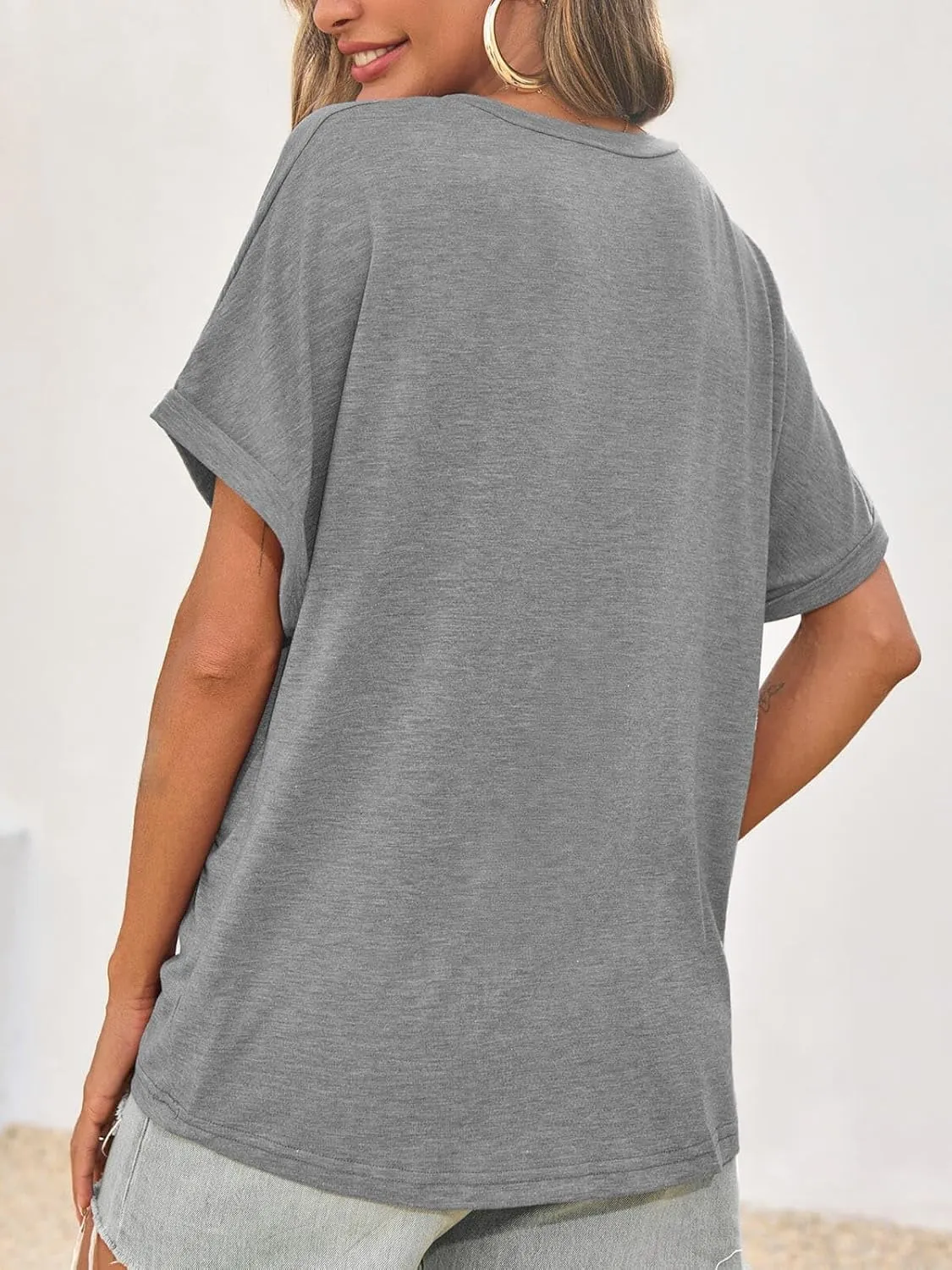 Cicy Bell Womens Summer Oversized T-Shirts V Neck Rolled Short Sleeve Casual Tops Loose Fit Tunic Tees