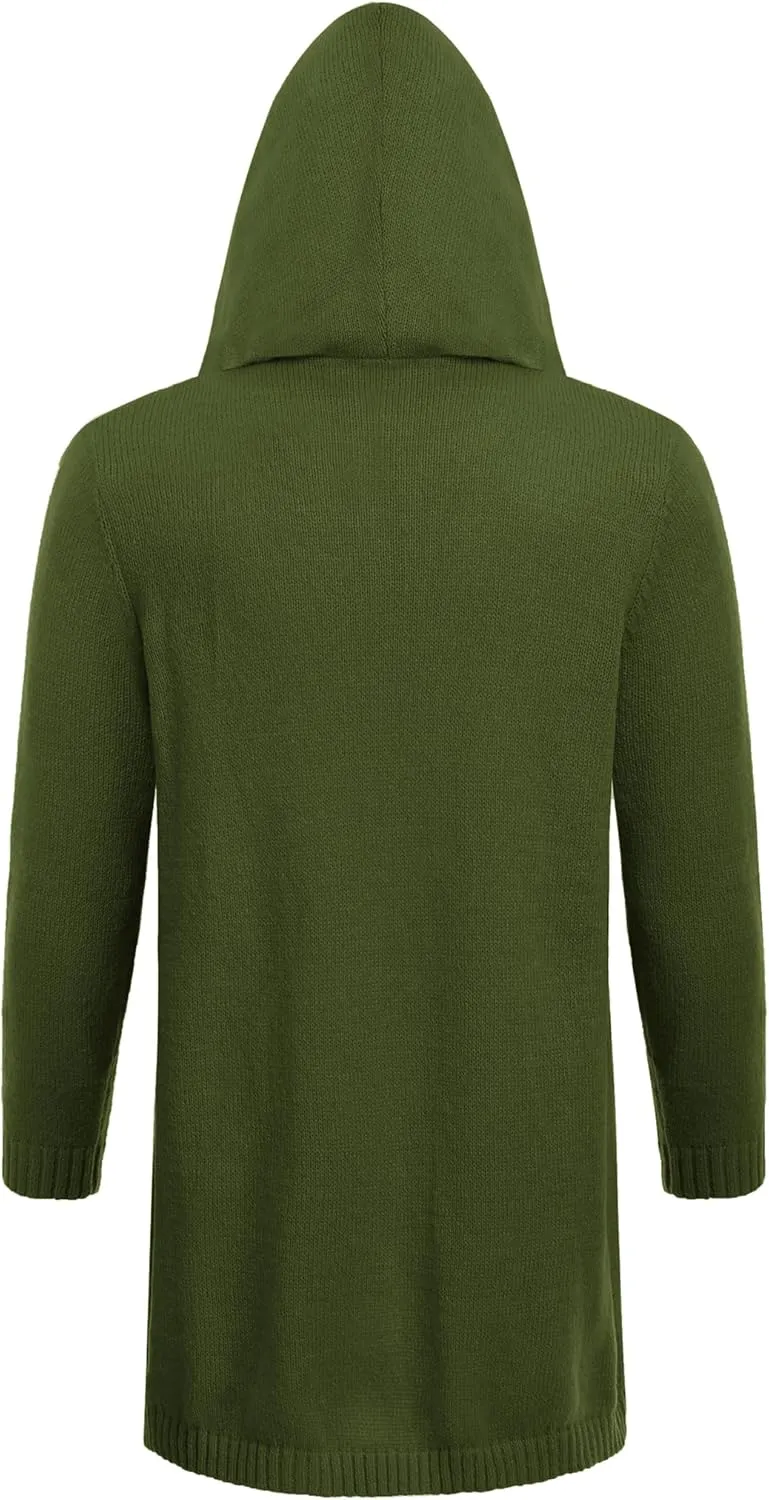 COOFANDY Mens Long Open Front Cardigan Sweater Lightweight Hooded Knitted Cardigan Sweaters with Pockets