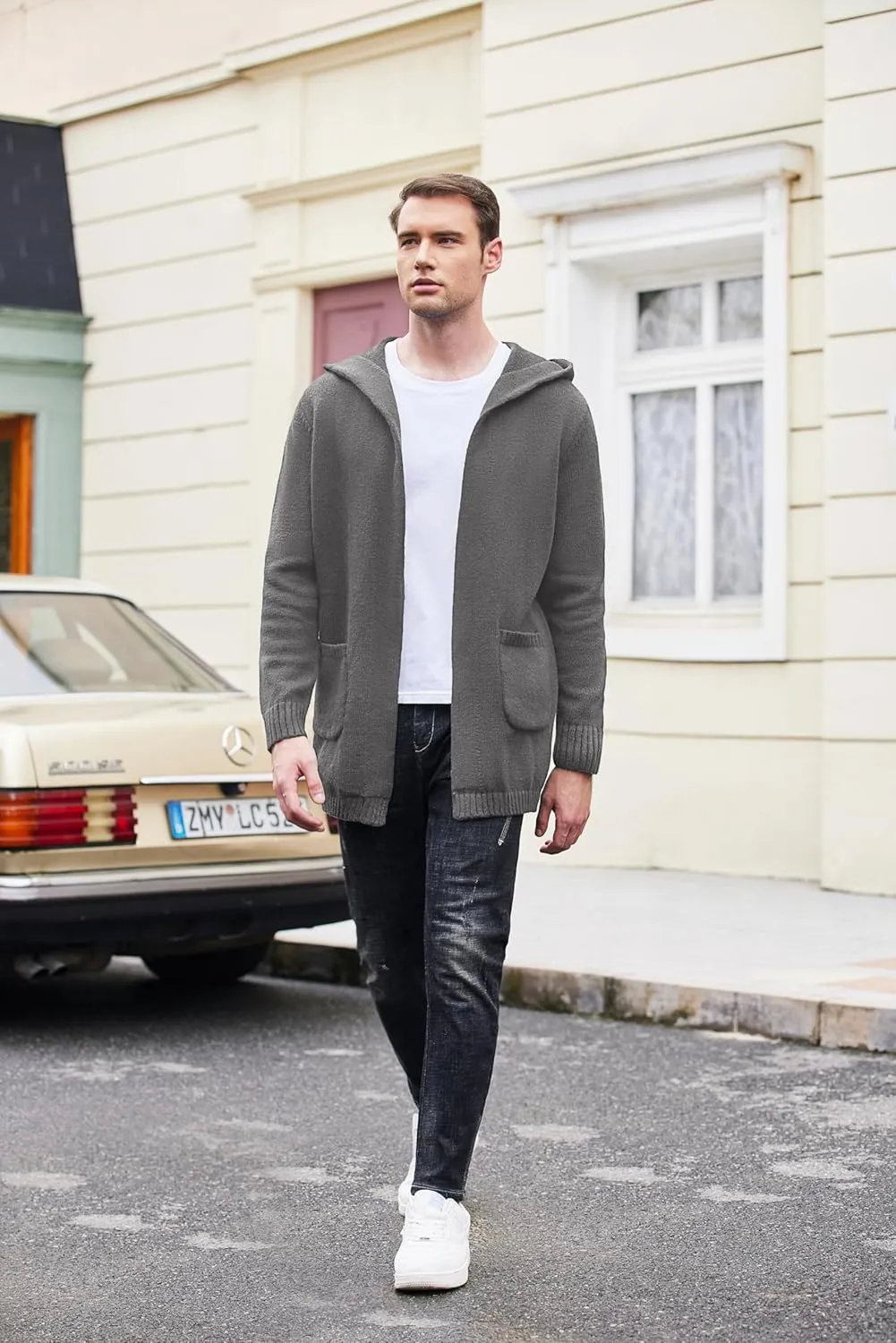 COOFANDY Mens Long Open Front Cardigan Sweater Lightweight Hooded Knitted Cardigan Sweaters with Pockets