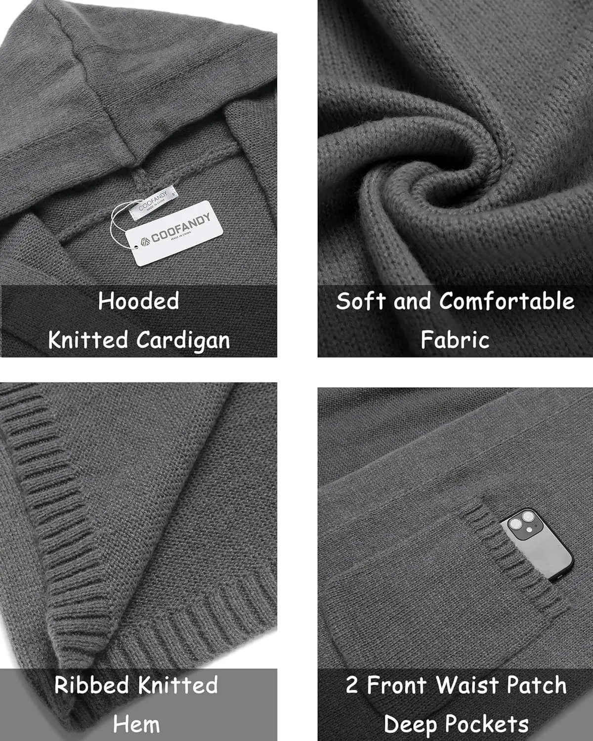 COOFANDY Mens Long Open Front Cardigan Sweater Lightweight Hooded Knitted Cardigan Sweaters with Pockets