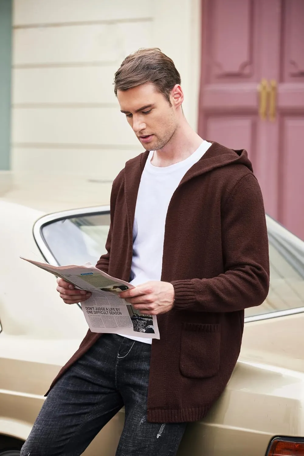 COOFANDY Mens Long Open Front Cardigan Sweater Lightweight Hooded Knitted Cardigan Sweaters with Pockets