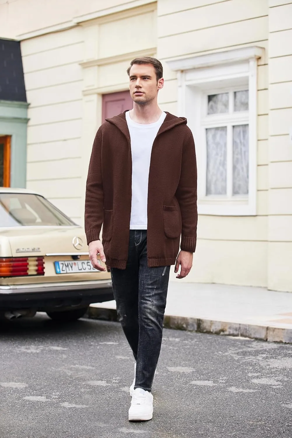 COOFANDY Mens Long Open Front Cardigan Sweater Lightweight Hooded Knitted Cardigan Sweaters with Pockets