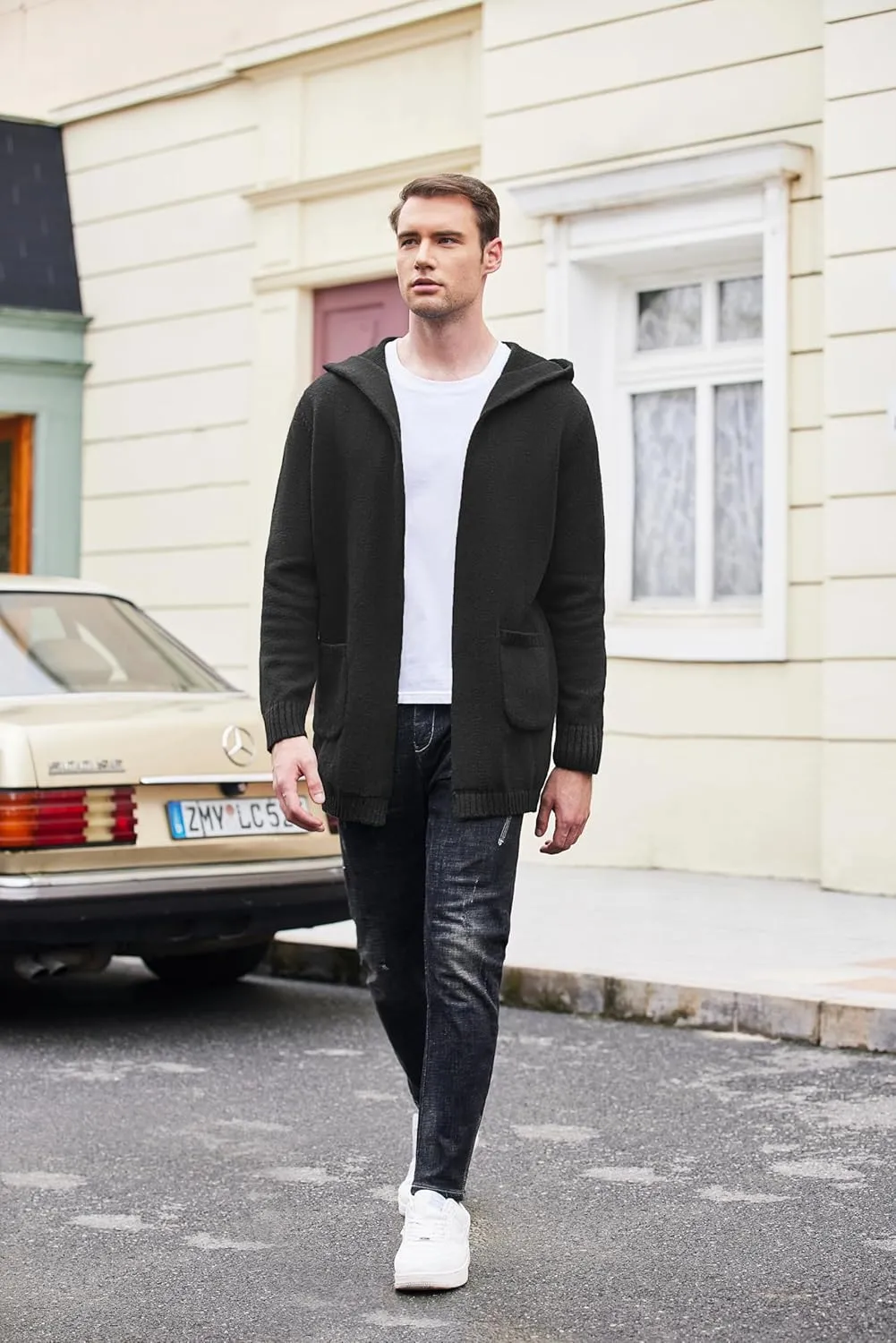COOFANDY Mens Long Open Front Cardigan Sweater Lightweight Hooded Knitted Cardigan Sweaters with Pockets