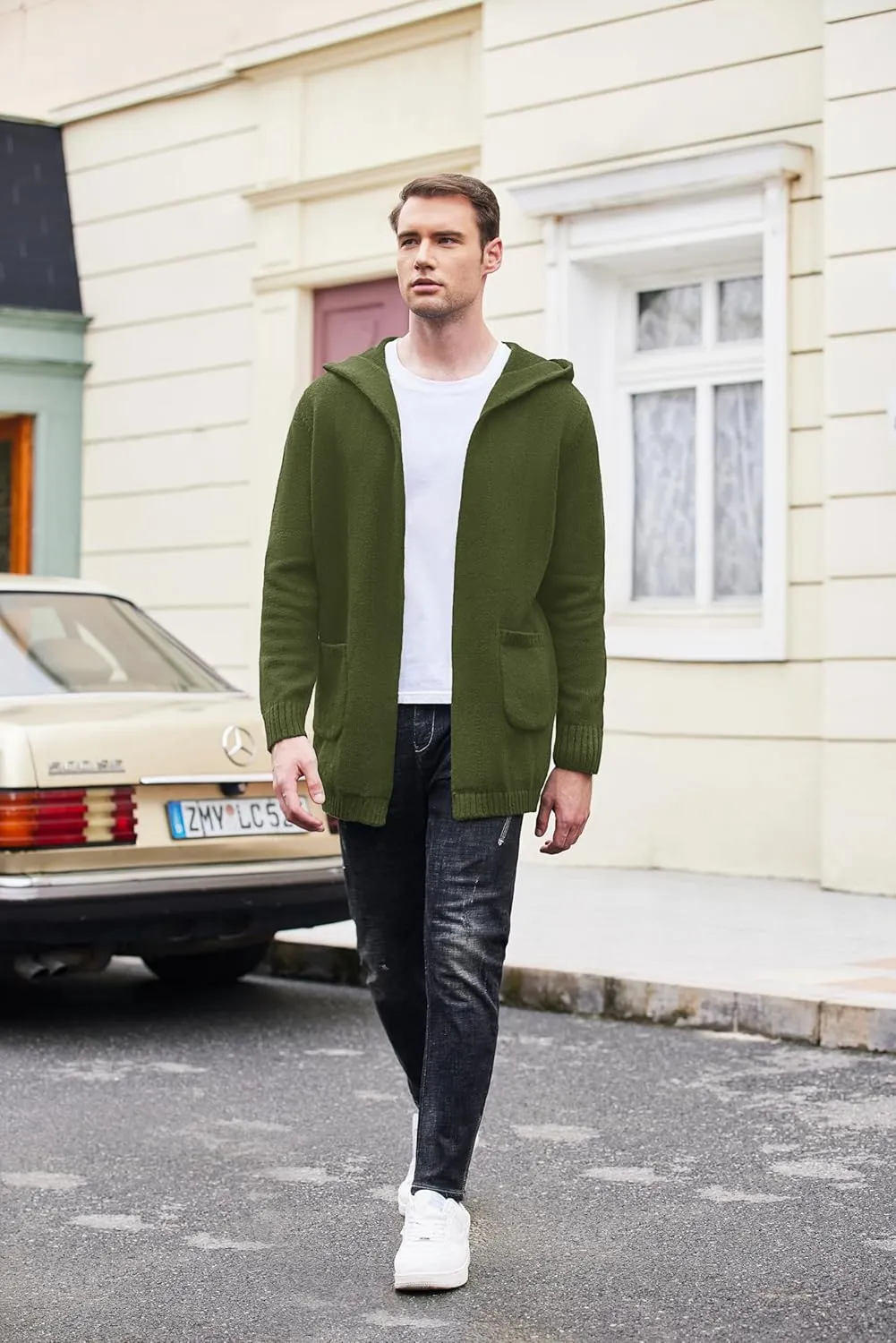 COOFANDY Mens Long Open Front Cardigan Sweater Lightweight Hooded Knitted Cardigan Sweaters with Pockets