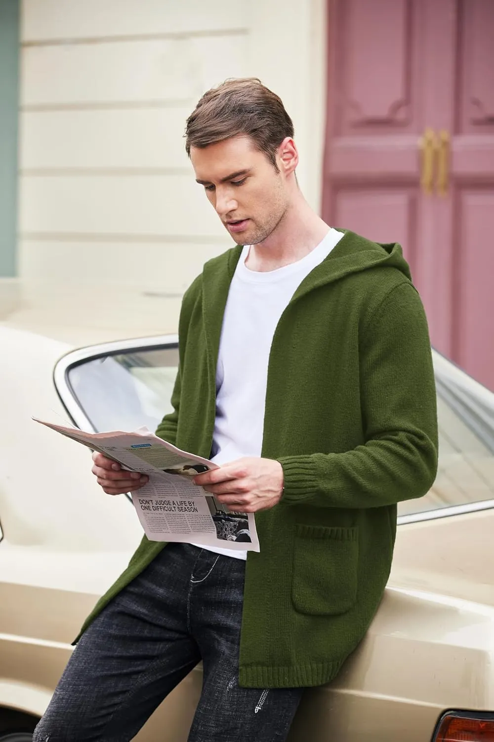 COOFANDY Mens Long Open Front Cardigan Sweater Lightweight Hooded Knitted Cardigan Sweaters with Pockets